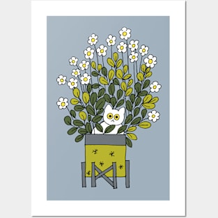 White cat in planter Posters and Art
